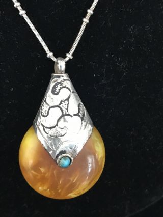 Vintage Sterling Silver Amber Necklace W/turquoise