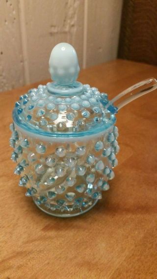 Vintage Fenton Turquoise Aqua Blue Opalescent Hobnail Mayo Covered Dish W/spoon
