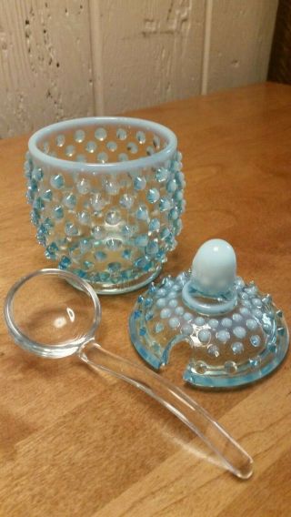 Vintage Fenton Turquoise Aqua Blue Opalescent Hobnail Mayo Covered Dish w/spoon 2
