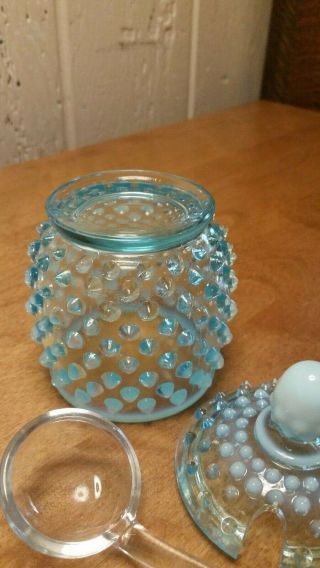 Vintage Fenton Turquoise Aqua Blue Opalescent Hobnail Mayo Covered Dish w/spoon 4