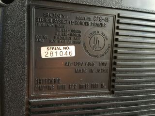 Vintage Sony CFS - 45 FM/AM Stereo Cassette - Corder Boom Box 5