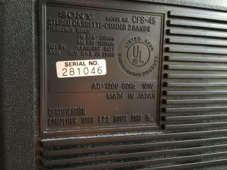 Vintage Sony CFS - 45 FM/AM Stereo Cassette - Corder Boom Box 6