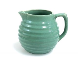 Vintage Bauer Pottery Ring Ware Jade Green 4 1/8” Tall Pitcher 1930’s