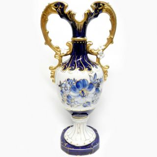 Vintage Czech Porcelain Royal Dux Vase Cobalt Blue & Gold Amphora Shape 11 " Tall