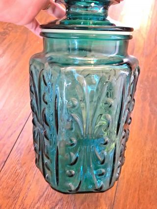 Vintage Le Smith Imperial Atterbury Scroll Teal Blue Glass Canister Jar - 9 "