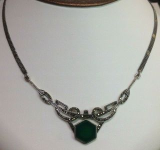 Vintage Sterling Silver 925 Green Onyx Marcasite Necklace 18 "