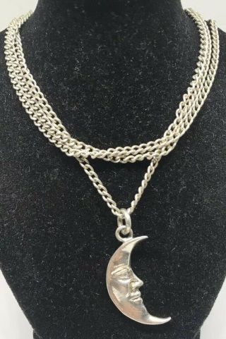 Vintage Handcrafted Brutalist Sterling Moon Pendant 29” Necklace