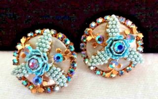 Blue Seed Bead Aurora Rhinestone Blue Rose Vintage Clip Earrings Gold Tone