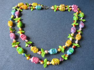 Vintage Carmen Miranda Great Colors Flowers & Leaves 2 Strands Collar Necklace