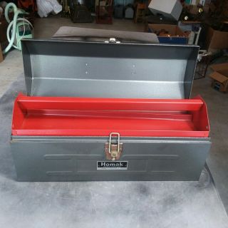 Vtg.  Homak Gray Steel Tool Box W/ Red Metal Tool Tray Model 819 Chicago,  Illinois