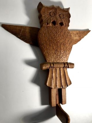 Vintage Carved Wood Owl Folk Art Wings Move Up Down Unique Mid Century Carving