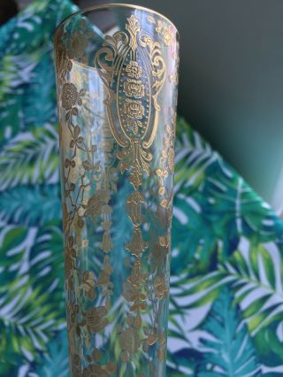 Rose Point Etched By Cambridge Gold Encrusted Clear Glass 10  Bud Vase Vintage