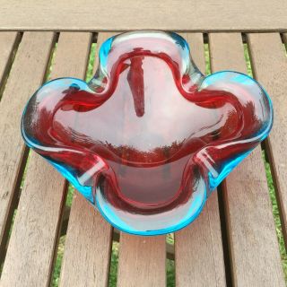 Vintage 60s 70s Murano Lobed Quatrefoil Sommerso Bowl,  Blue & Red Glass