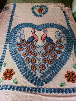 Vintage Chenille Bedspread Double Peacocks 101 " X 86 " Cutter