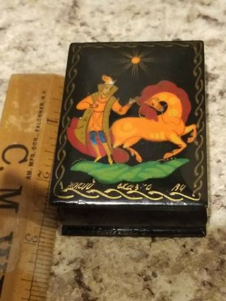 Vintage Black Lacquer Trinket Box Signed Hinged Fairy Tale Russian 3