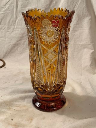 Vintage Nachtmann Bleikristall Amber Crystal Ornate Cut Vase Bavaria Germany