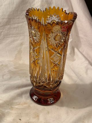 Vintage Nachtmann Bleikristall Amber Crystal Ornate Cut Vase Bavaria Germany 2