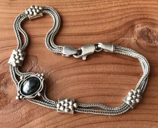 Vintage 925 Braided Sterling Silver With Oval Hematite Stone Bracelet 7.  25” In