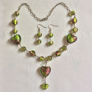 Vintage Jewellery Green & Purple Foil Glass Heart Bead Necklace & Earring Set