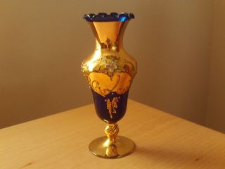 Vintage Murano Cobalt Blue Glass Vase Handpainted Floral & Gold Design.