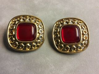 Vintage Signed Givenchy Paris York Red Glass Clip Earrings