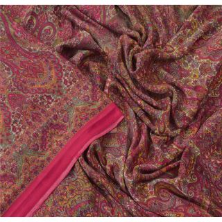 Sanskriti Vintage Pink Saree Moss Crepe Floral Printed Craft Fabric 5 Yard Sari