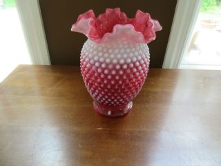 Vintage Fenton Hobnail Opalescent Cranberry 8 " Ruffled Vase