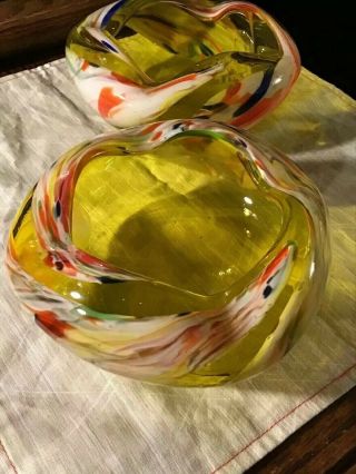 (2) Vintage Hand Blown Italian Art Glass Candy Dish Bowl Lemon Yellow Milifiore