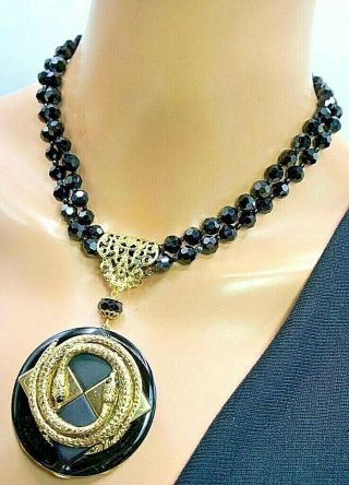 Vintage Black Crystal Necklace 19  & Huge Snake Pendant 3 3/4