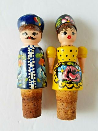 Vintage Wine Cork Set Tole Painted Man & Woman Wooden Peg People Bottle Stopper