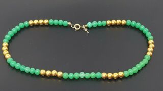Vintage Crown Trifari Green Jade Glass Gold Tone Beaded Necklace 14 "