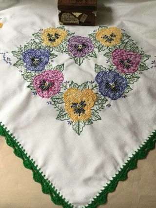 Vintage Hand Embroidered Tablecloth Hearts Of Pansy’s Crochet Trim Colors