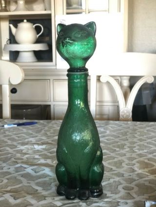Vintage Cat Decanter Mid - Century Modern Green Glass W/ Stopper - 14 1/2 " Tall