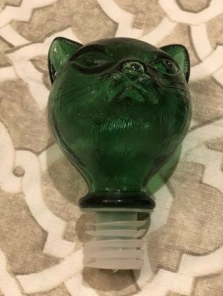 Vintage Cat Decanter Mid - Century Modern Green Glass w/ Stopper - 14 1/2 