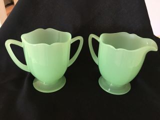Vintage Early Fenton Jadeite Jade Glass Scalloped Green Creamer And Sugar Htf