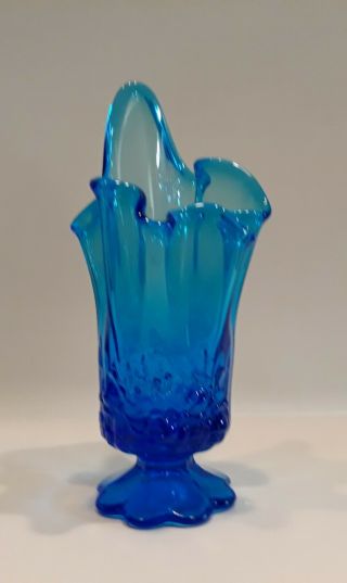 Vintage Fenton Colonial Blue Rose Glass Footed Pedestal Swung Handkerchief Vase
