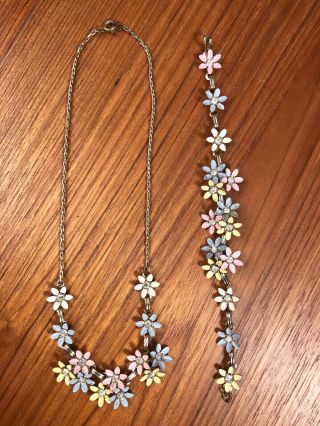Vintage Enamel Flower Rhinestone Necklace & Bracelet Set Pink Blue Yellow White