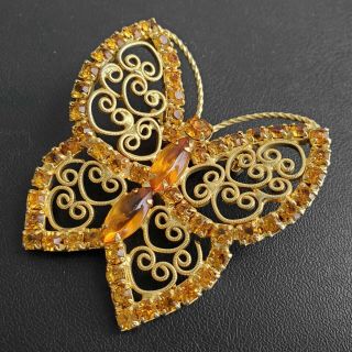 D&e Juliana Vintage Amber Rhinestone Butterfly Filigree Gold Tone Brooch Pin P41