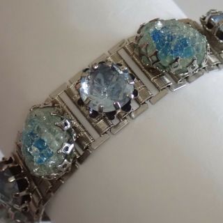 Vintage High End Designer Blue Rhinestone Textured Art Glass Stone Bracelet