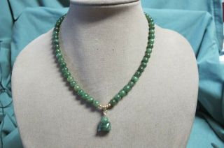 Vintage Green Jade Bead Necklace W/ Carved Budda Pendant