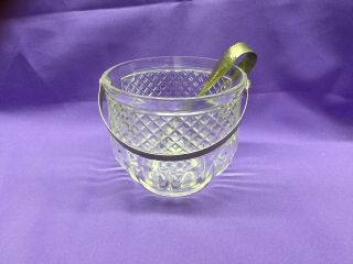 Vintage Heavy Glass Ice Bucket With Hammered Finish Handle And Matching Tongs