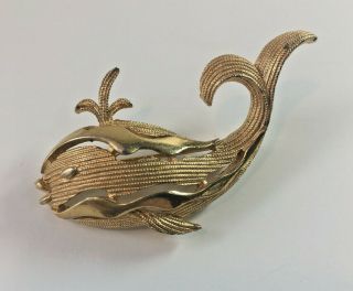 Vintage Crown Trifari Whale Brooch Pin Gold Costume