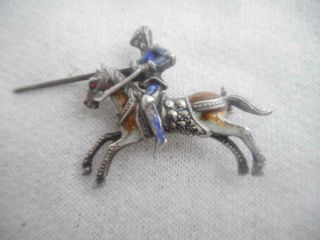 Vtg 935 Silver Knight & Marcasite Accents W/ Lance & Sword On Enamel Horse Pin