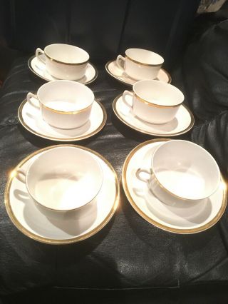 Homer Laughlin Vintage 1925 Best China 6 Saucers & Cups18 K Gold Trim Off White