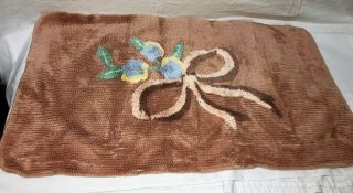 Vintage Chenille Floral Bath Mat Flowers Browns Green Bow Rug Rectangle 21x35 "