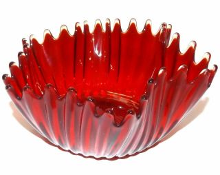 Vintage Mid - Century Modern Ruby Red Art Glass Bowl With Ruffled Sides