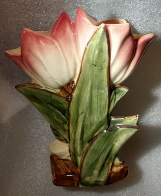 Vintage 1940s Mccoy Pottery Pink Double Tulip Shaped Vase 8 " X 6.  5 " X 3.  75 "
