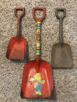 Vintage 3 Tin Metal Red Toy Sand Shovels Boy Signing Eagle