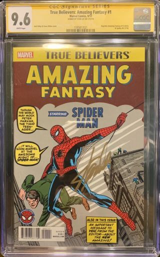 True Believers Fantasy 15 Cgc 9.  6 Spiderman First App Signed By Stan Lee