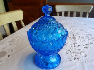 Vintage Blue Glass Pedestal Candy Dish W/ Lid Diamond And Fan Design